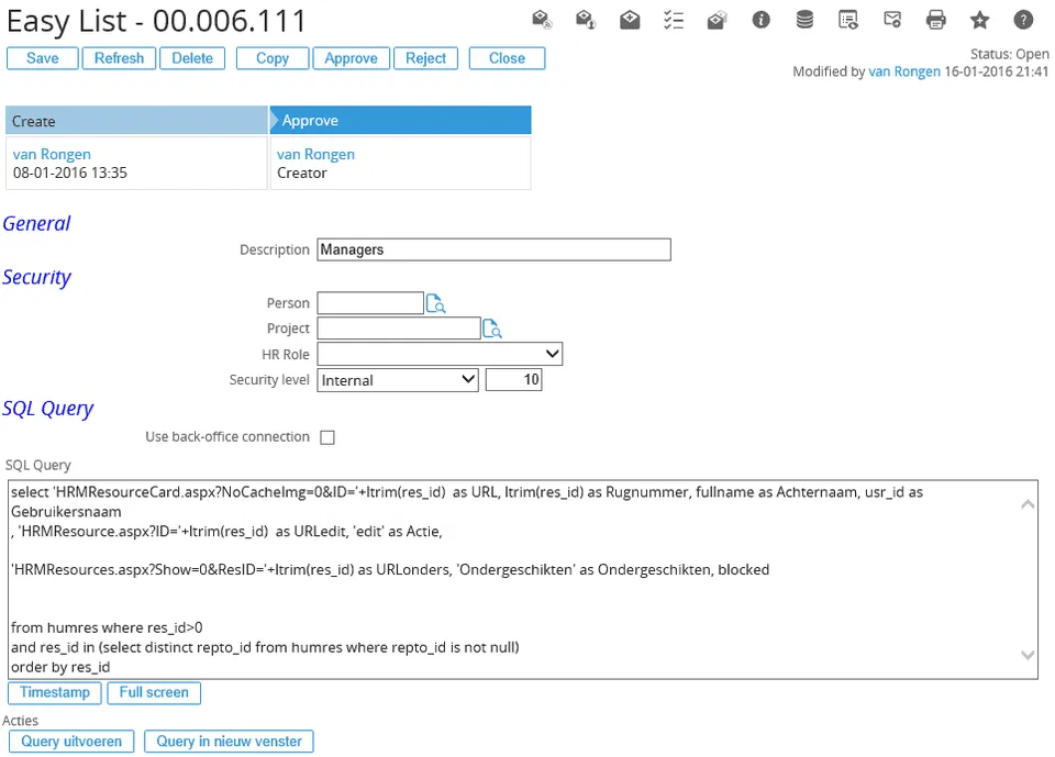 Het Easy List Pro-verzoek in Exact Synergy, waarin je de query zet